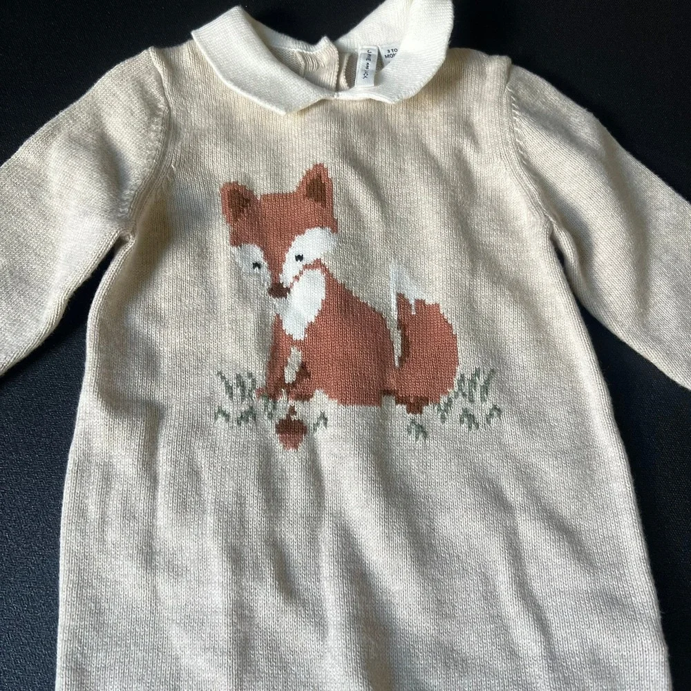 Janie & Jack Cream Fox Knit Romper Peter Pan Collar 3-6 Months Classic Heritage